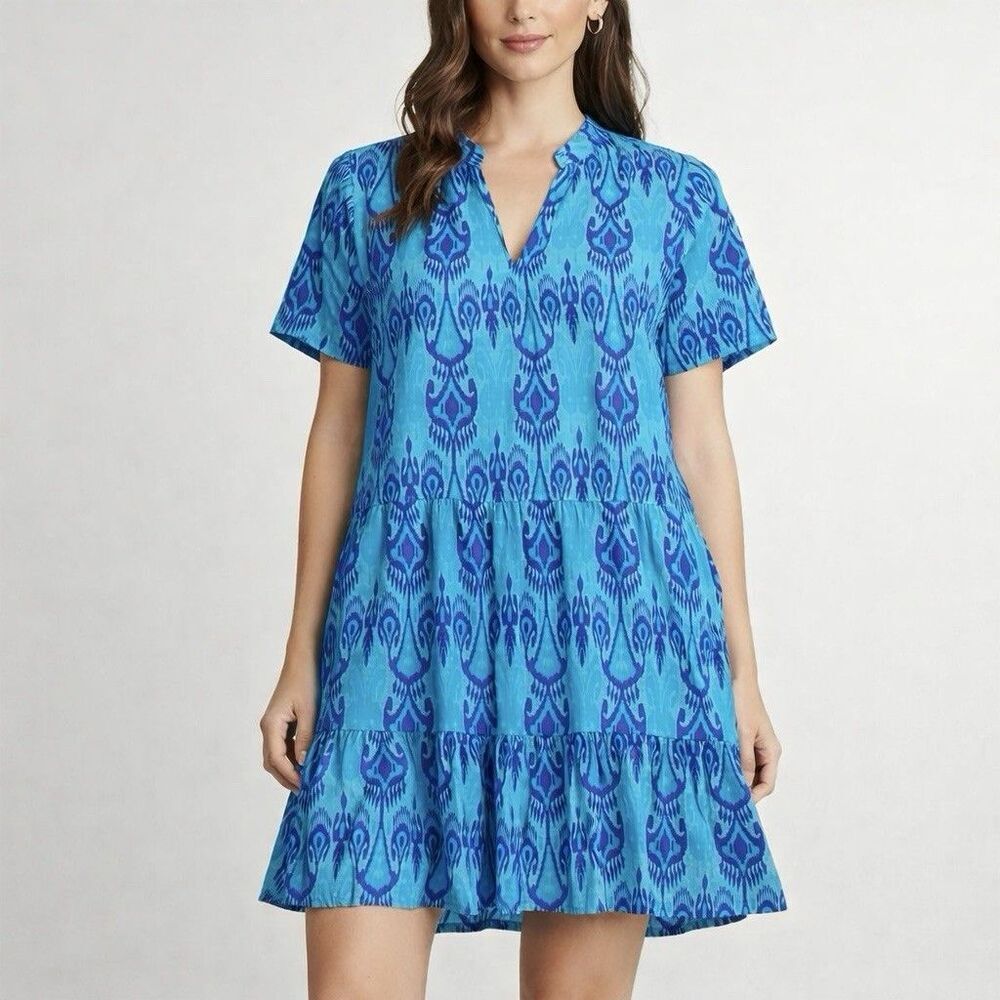 La Plage Boho Cotton Tunic Dress Womens L Blue Ikat Tiered Beach Vacation
